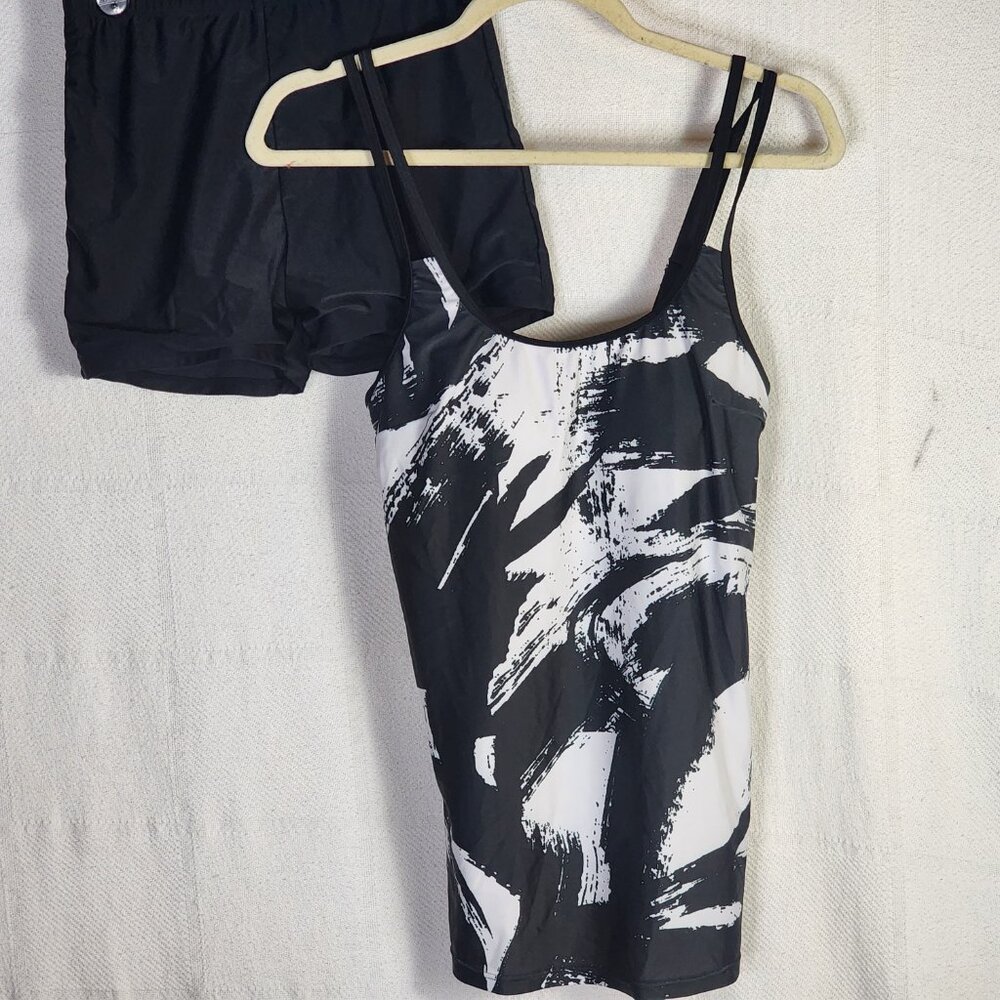 Rotita Black White Graffiti Print Poly Elastane Double Adj Straps Tankini Set SM - Picture 4 of 16